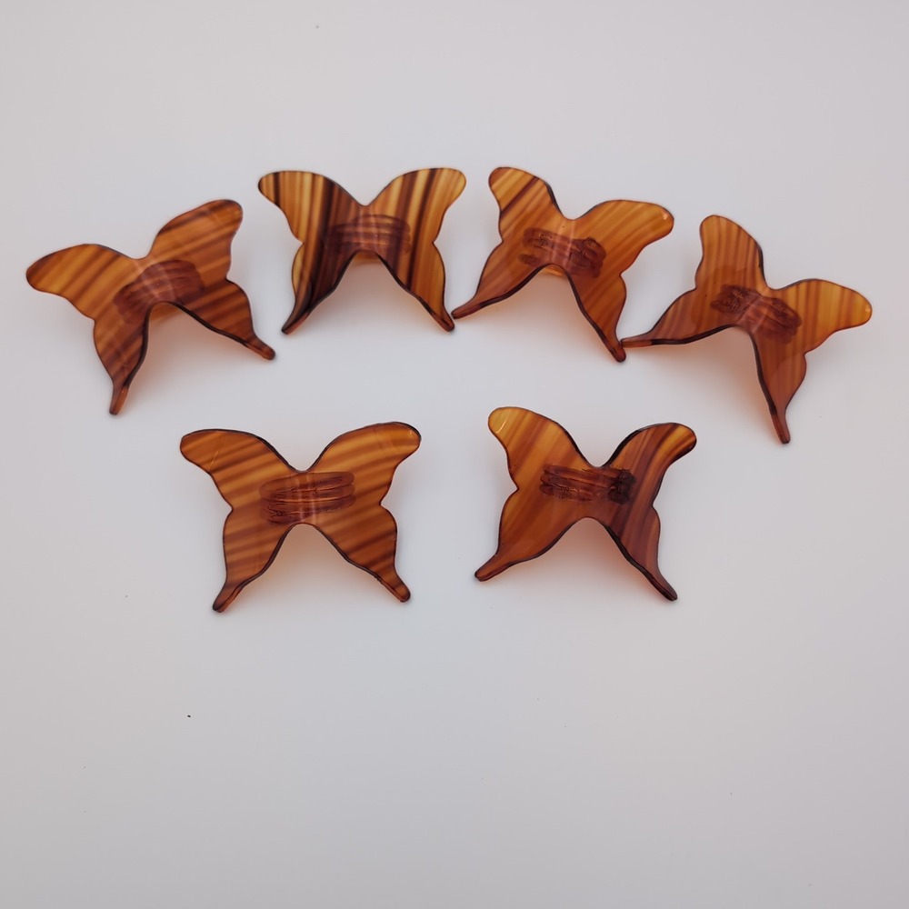 Vintage Acrylic Butterfly Napkin Rings Set 6 Amber Tortoiseshell Retro MCM